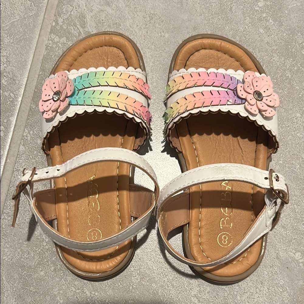 White and Pink Braided Sandals with Flower Embellishments